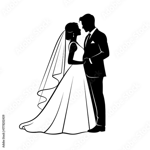 Wedding couple standing face to face in romantic moment