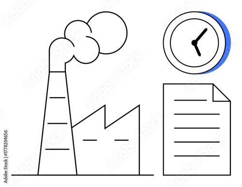 Factory chimney emitting smoke, industrial building, clock, and document suggesting work productivity and time tracking. Ideal for industry, manufacturing, time management, deadlines, organization