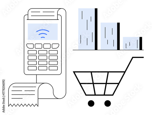 Payment terminal with receipt, shopping cart, and bar chart. Ideal for e-commerce, online shopping, retail, analytics, sales growth digital transactions business operations. Simple flat metaphor