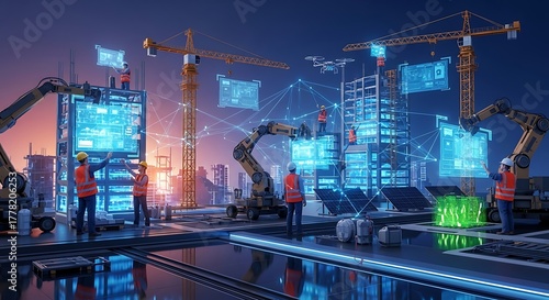 Futuristic Construction Site with Workers, Cranes, and Digital Blueprints at Dusk