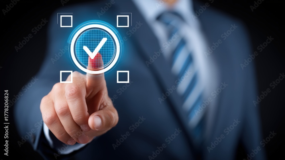 Obraz premium Businessman Selecting Checkmark on Digital Interface for Approval