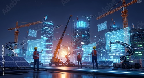 Engineers, robots, and drones oversee a futuristic smart city construction site with glowing digital interfaces at night.