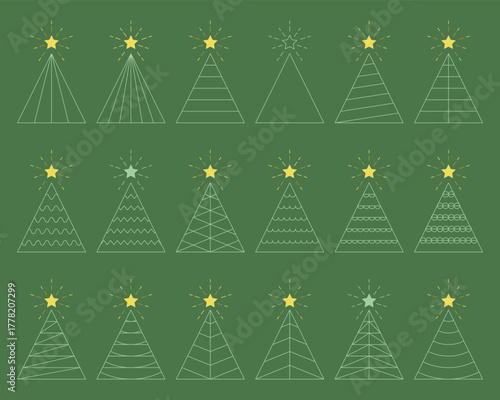 Set of stylized, minimalist, simple Christmas trees with shining star. Cute vector illustrations of simple symbols and outline icons with internal pattern of various shapes.