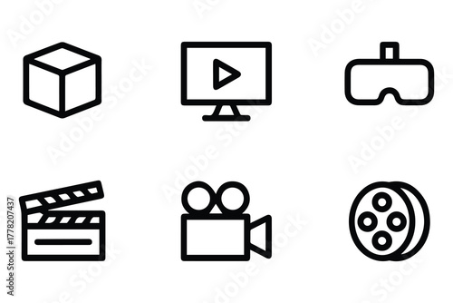 Media Production and Film Icon Set. Movie, Video, VR, and Cinema Symbols in Modern Minimal Black Vector Design for Digital Entertainment Concepts