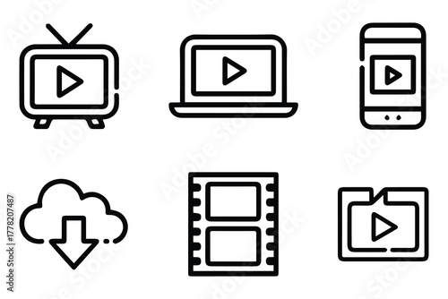 Media Production and Film Icon Set. Movie, Video, VR, and Cinema Symbols in Modern Minimal Black Vector Design for Digital Entertainment Concepts