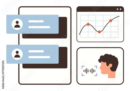 Chat windows for digital communication, voice recognition interface, and a data graph display. Ideal for technology, collaboration, analytics, communication, speech processing, user interface