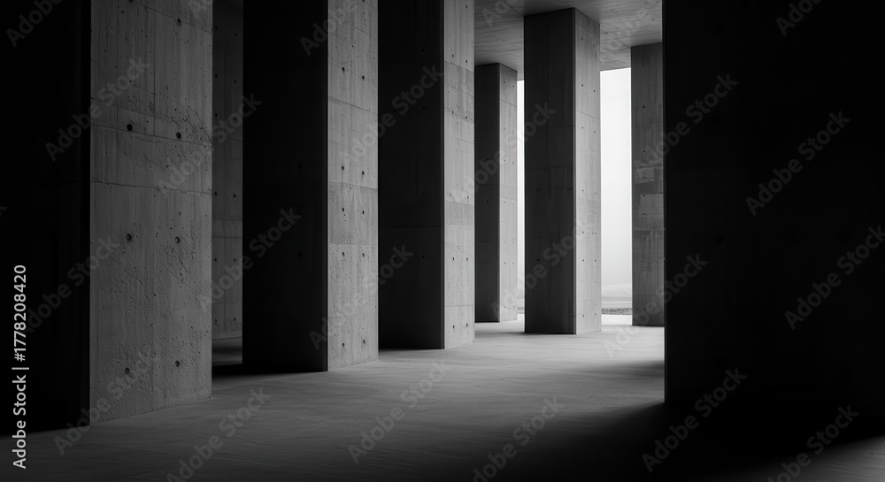 Fototapeta premium Strong rectangular structural supports create dramatic shadows in a minimalist concrete space
