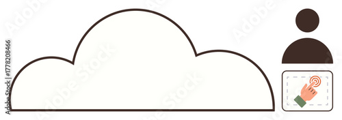 Cloud icon representing storage, silhouette user profile, and touch interaction. Ideal for data sharing, technology, communication, networking, user interface privacy digital access. Simple flat