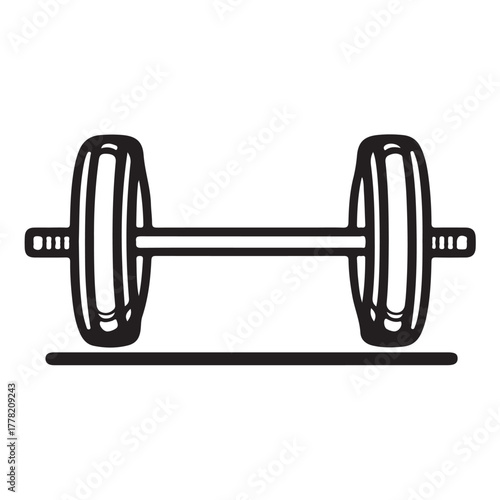 Black and white sketch of a barbell, a simple hand-drawn line style illustration featuring a piece of fitness equipment or exercise weight.