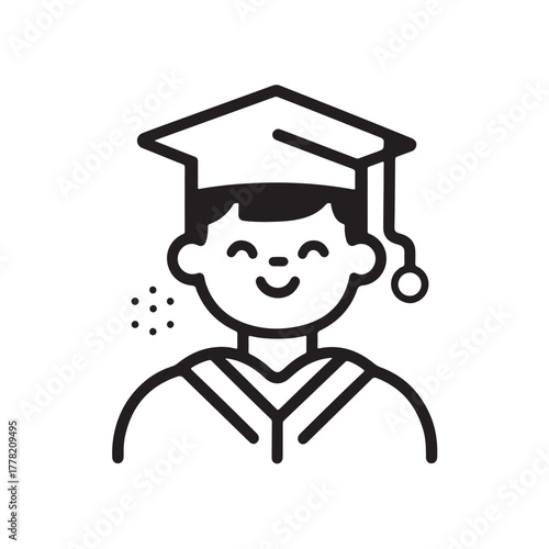 Vector illustration of a cartoon icon of a male graduation with a full toga and mortarboard hat.