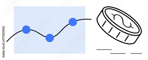 Blue line graph with dots showing upward trend, dollar coin indicating financial success, thin black lines. Ideal for finance, economy, investment, growth, data analysis, budgeting simple flat