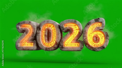 A 3d rendering of the year 2026 with a stone and glowing orange texture on a green screen background video