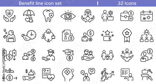 Benefit Line Icon Set for Rewards, Advantages, and Employee Perks