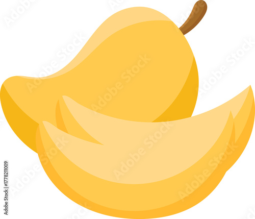 Whole yellow mango and a juicy slice. Tropical fruit, healthy food vector illustration.