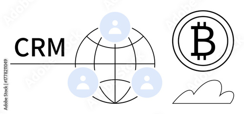 CRM network with user icons connected by a globe, Bitcoin symbol, and cloud element. Ideal for blockchain, technology, finance, digital communication, customer management, innovation simple flat