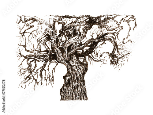 
Vintage Ink Sketch of a Bare Tree. Detailed ink illustration of an ancient tree with gnarled roots and twisted branches, hand-drawn in vintage style with intricate linework and natural texture
