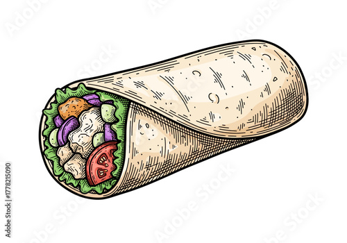 Chicken burrito vector drawing with fresh vegetables for Mexican street food packaging and fast food branding