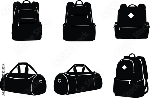 Silhouette collection of backpacks and duffle bags, modern travel and gym bag vector illustration set for fashion, luggage, and accessories design