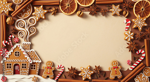 Gingerbread cookies and cinnamon border with blank space for Christmas banner or holiday menu design
