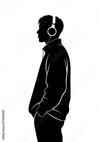Silhouette of young man wearing headphones and standing in profile  