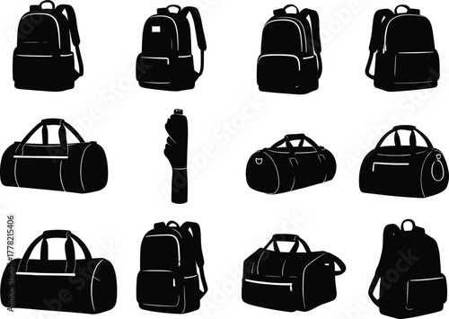 Silhouette collection of backpacks and duffle bags, travel and gym bag vector illustration set for fashion, luggage, and accessories design