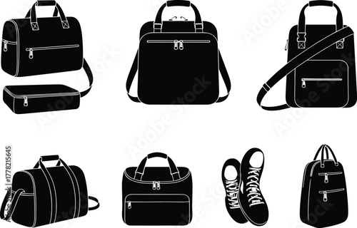 Silhouette collection of travel bags, duffle bags, backpacks, and sneakers, modern vector illustration set for fashion, luggage, and gym accessories design