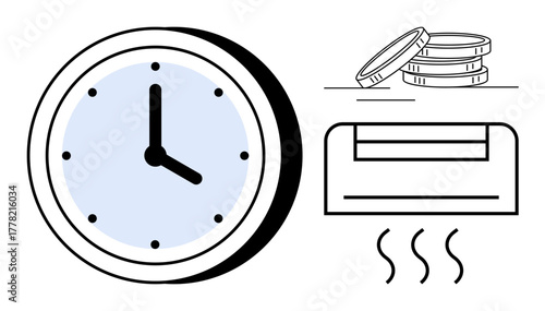 Clock representing time, coins for financial value, and air conditioning for comfort. Ideal for efficiency, energy saving, time-value balance, productivity, household budgeting, climate control