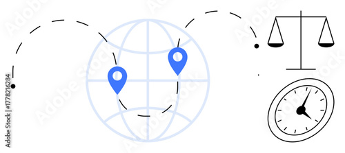 Globe with location markers, dotted travel paths, weighing scale, and clock. Ideal for global business, ethics, justice, fairness time management international cooperation balance. Simple flat