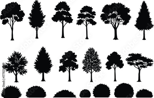 Tree and bush silhouette vector set, black forest elements, isolated foliage shapes, landscaping icons, nature design collection for environment, garden, botany
