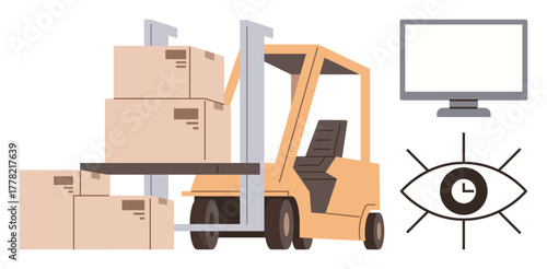 Forklift placing stacked boxes alongside computer screen and eye with clock. Ideal for logistics, warehouse management, time efficiency, shipping, inventory control, monitoring, supply chain. Simple