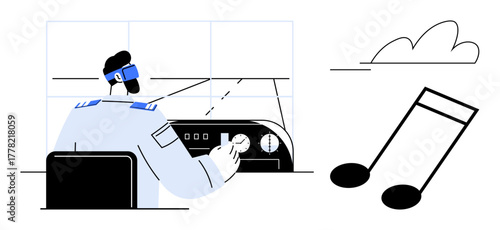 Pilot using aircraft cockpit controls while large musical notes emphasize the sounds and ambiance of flight. Ideal for aviation, travel, sound design, creativity, innovation, technology