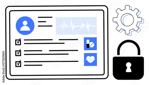 Digital health record display with user info, checklist, heartbeat graph, pills icon, lock, and gear. Ideal for healthcare security, data privacy, system optimization medical tech innovation