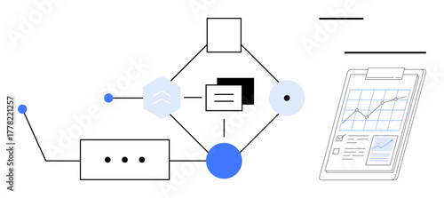 Geometric connected nodes, clipboard with line chart and report insights. Ideal for data analysis, workflow, process mapping, information systems, research, technology business growth. Clean flat