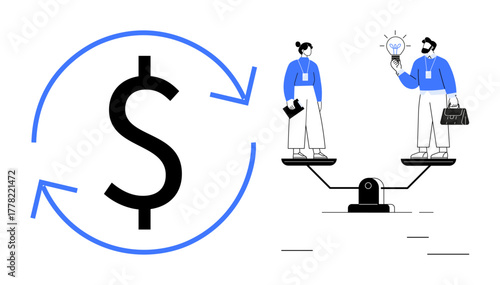 Dollar symbol with arrows, two professionals on a see-saw talking, holding a lightbulb and documents. Ideal for finance, teamwork, business balance, innovation, negotiation, decision-making simple