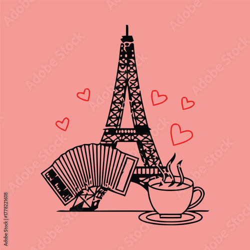 Romantic Parisian scene with Eiffel Tower, red hearts, accordion, and steaming coffee on pink background in stylized silhouette design