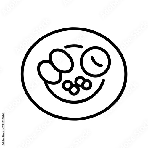 A black and white outline drawing of a plate with food