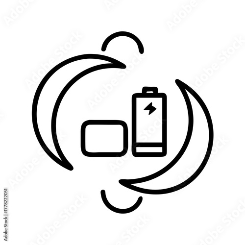 A symbolic illustration of the renewable energy and sustainability. The central image includes a battery and a solar panel with a crescent moon