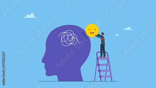 Businessman holding happiness face emoticon to insert into depressed thinking head to cure from stressed. Happiness cure work stressed, care for mental health or relax from tired work.