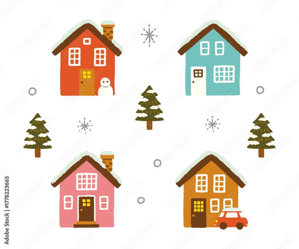 Fototapeta premium 雪 家 街並み 冬 景色 イラスト 手描き シンプル 北欧風 素材