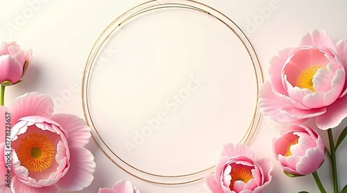 Fototapeta Naklejka Na Ścianę i Meble -  Pink peonies surrounding a gold circle frame on a light background for a floral arrangement design