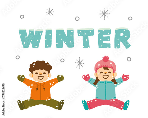 子供 雪の上で寝転ぶ 笑っている 冬 イラスト 手描き