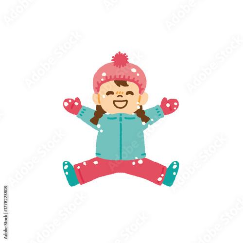 雪の上で寝転んで笑っている女の子のイラスト 冬 手描き
