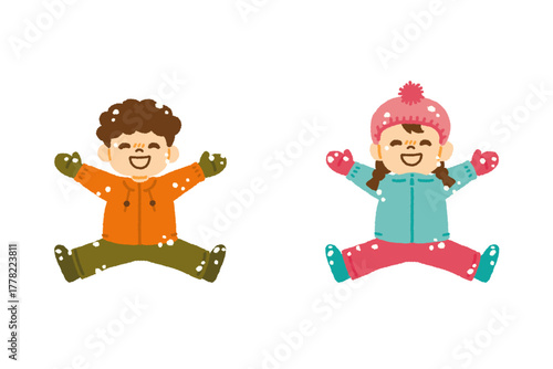 子供 雪の上で寝転ぶ 笑っている 冬 イラスト 手描き