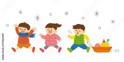 子供 雪遊び 走る冬休み 冬 イラスト 手描き