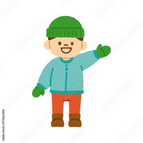 冬服 男の子 ニット帽 ダウンコート ブーツ 手袋 笑顔 イラスト 手描き