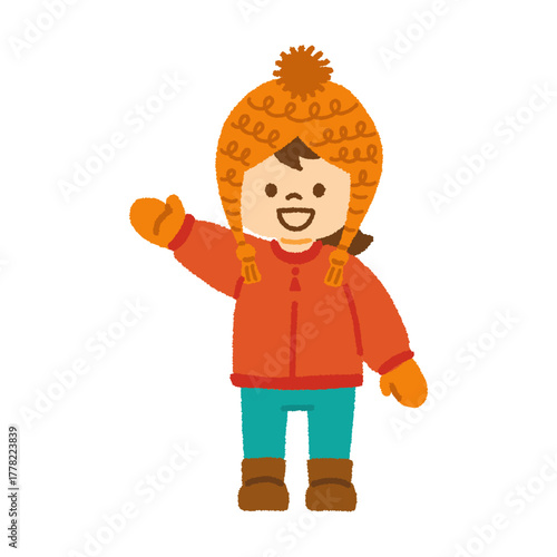 冬服 女の子 ニット帽 ダウンコート ブーツ 手袋 笑顔 イラスト 手描き