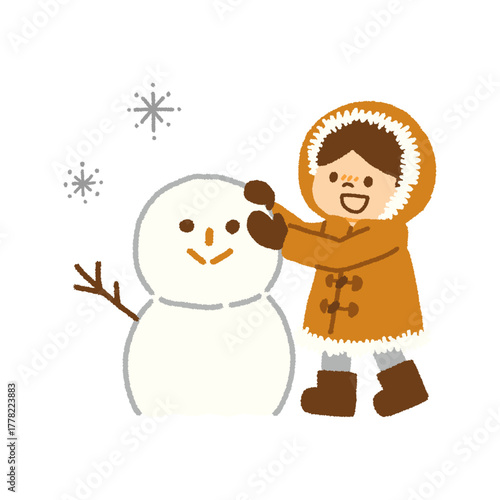 子ども 雪だるま 作る 雪遊び 冬 冬休み イラスト 手描き
