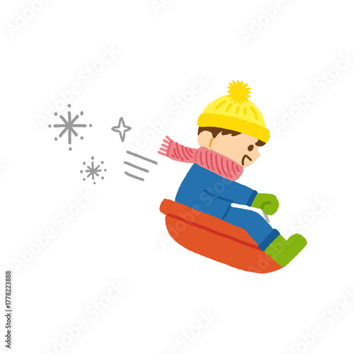 子ども そり遊び 雪 冬 冬休み イラスト 手描き