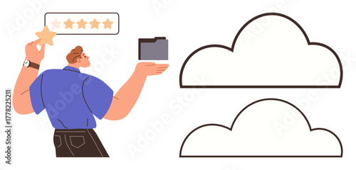 Man holding a star near a rating bar, managing a folder with outlined cloud icons. Ideal for concepts thumbs up feedback, cloud storage, digital organization, file sharing, online services, user