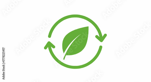 Vector icon of green leaf inside circular arrow, symbol of eco-friendly and sustainability concept. Minimal flat design, clean white background.